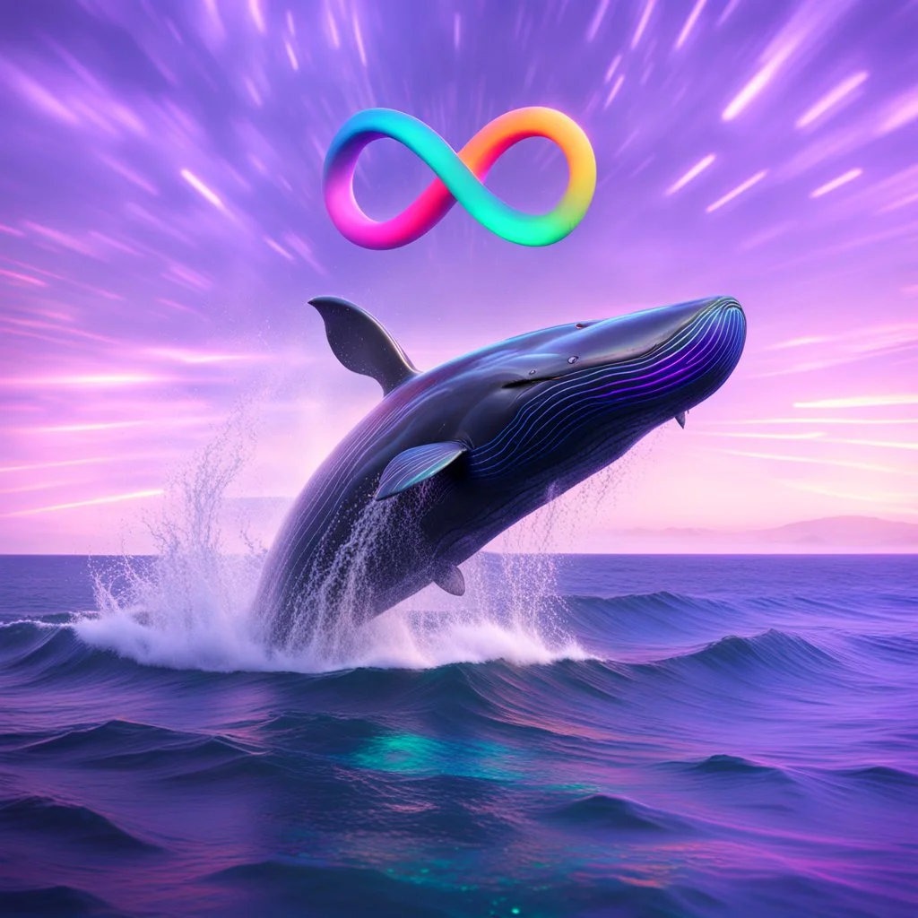 infinity symbol ∞ with vibrant powerful whale jumping out of the sea, striking, neon, chiaroscuro, dramatic, captivating, powerful, fantasy, beautiful, octane render, 16k post-production, artstation: award-winning: atmospheric: commanding: fantastical: clarity: ultra quality: striking: brilliance: stunning colors: amazing depth; lens: f/11, 35mm