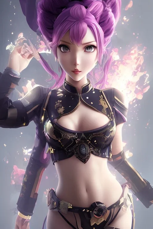 Detailed cute anime Kunoichi girl, purple hair buns, purple bangs, black latex bodysuit, intricate details, full body portrait, keep head in frame, slight smile, black Japanese motif, concept art, highly detailed, digital painting, concept art, sharp focus, illustration, art by Yoji Shinkawa, WLOP and greg rutkowski and alphonse mucha and artgerm and yanjun Chen and Junji ito and Makoto Shinkai, HDR, octane render