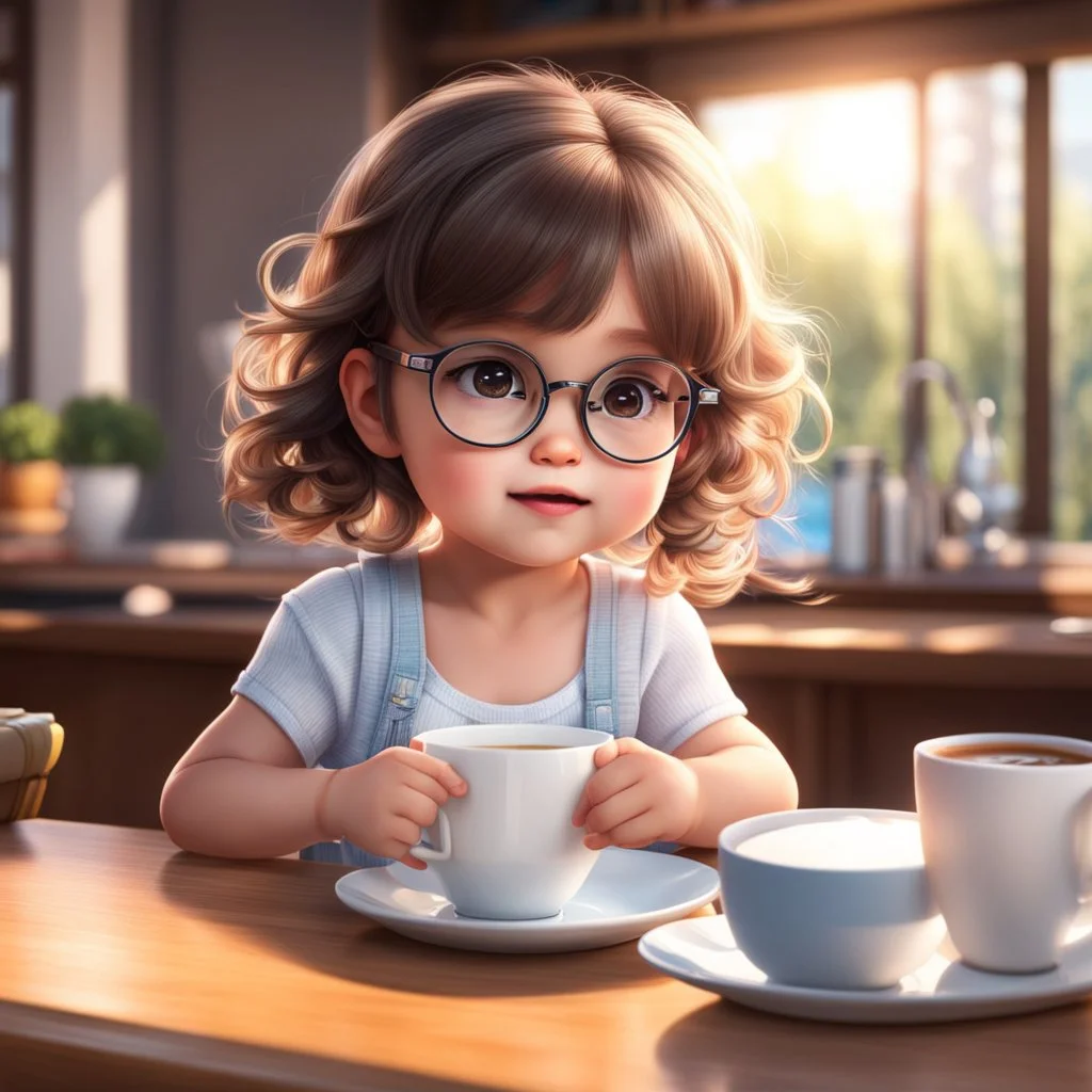 a little girl sitting at a table with a cup of coffee, hyper realistic eyes, 😭 🤮 💕 🎀, 2 d cartoon, cool glasses, phtorealistic, human babies, 2 0 2 2 anime style, cute:2, auroracore, it is afternoon, as though she is dancing, with round cheeks, drink