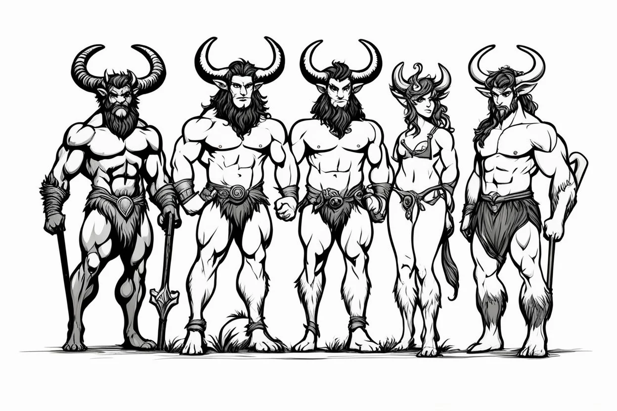 a creative line of creatures on the same specie: faun, satyr, centaur, minotaur from left to right. Standing for the purpose of a movie