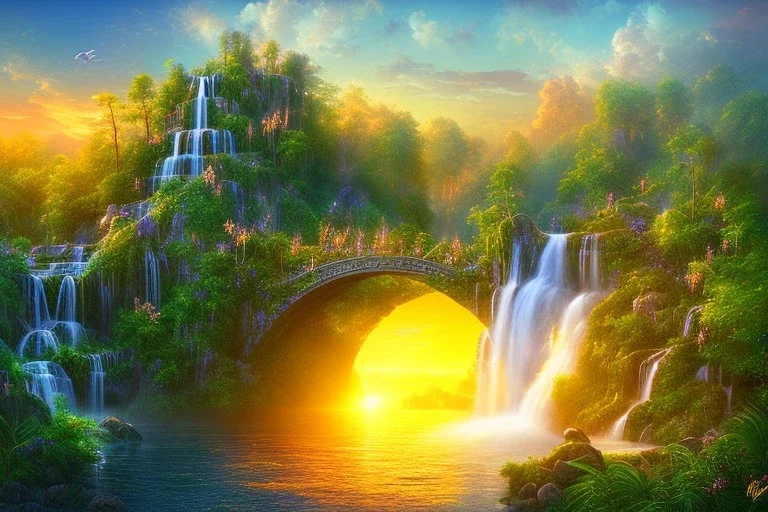 island waterfall palms twigs spring sunset flower bridge buterflies