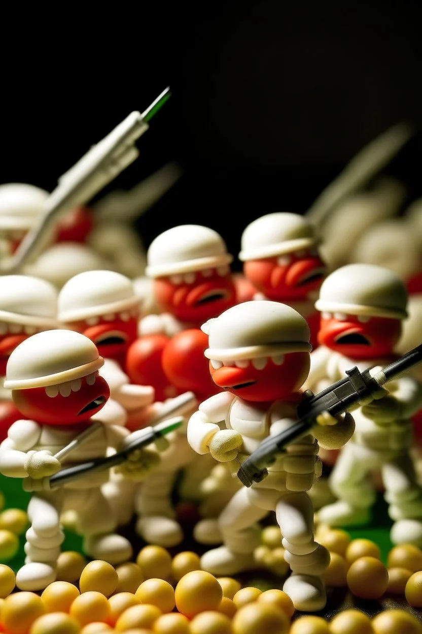 army of marshmallows living angry and armed in a fight with tomatoes