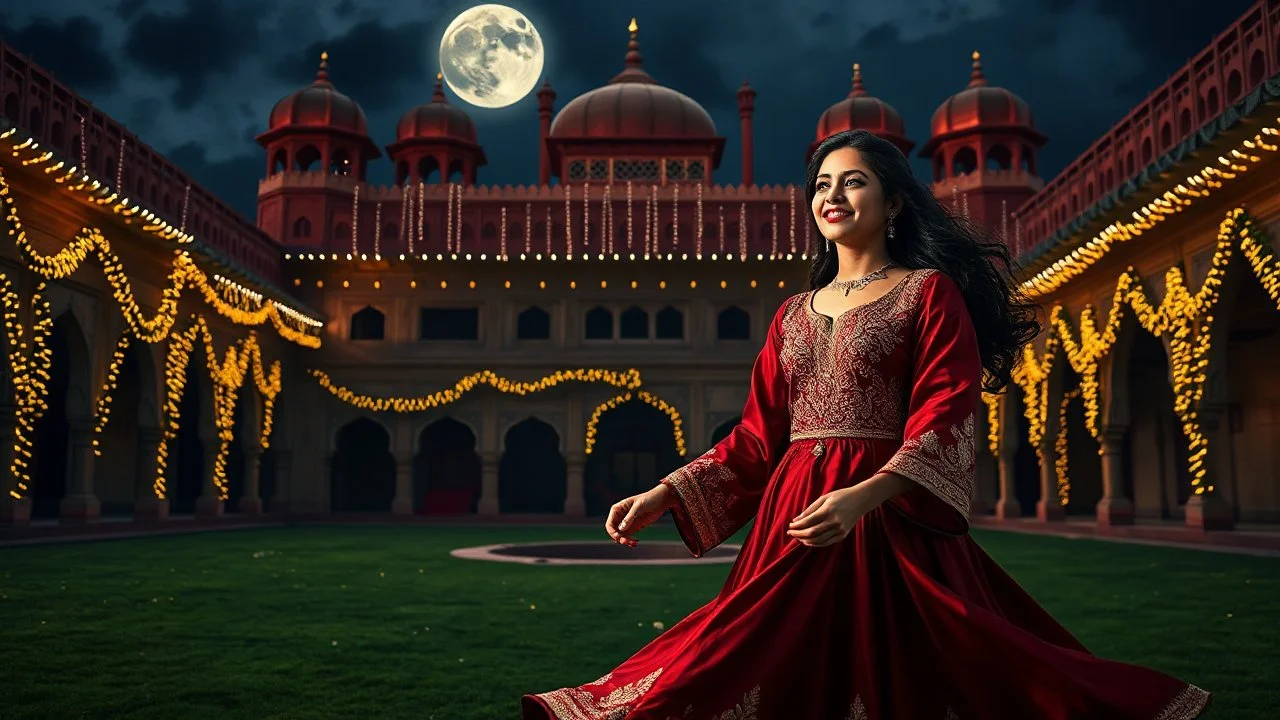 Hyper Realistic Beautiful Young Pashto Woman Wearing A Maroon Silk Frock With Detailed Golden Embroidery & Beads Work On It Happily Swirling Inside The Beautiful Courtyard Of A Traditional Mughal Fort Decorated With Lots Of Garland Lights At Dark Beautiful Night With Cloudy Full Moon On A Green Grass Showing Dramatic And Cinematic Ambiance.