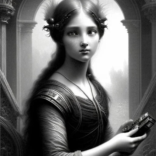 a beautiful young woman playing video games, Gustave Doré black and white illustration, perfect eyes