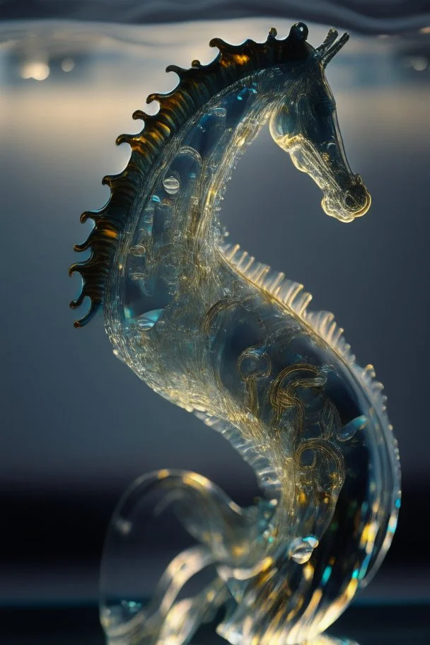 glass sea horse sculpture with indentations, art, 4k, hi detail, trending art, depth of field, volumetric light, dramatic lights