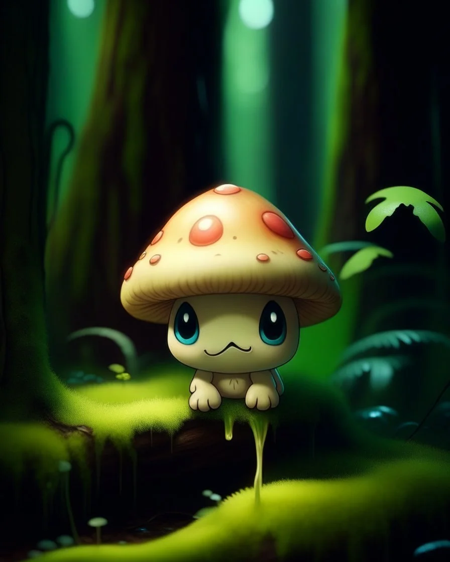 A melancholic kawaii mushroom with a tiny, frowning mouth and big droopy eyes, sitting on a mossy log in a quiet and peaceful forest, lost in its own thoughtsto add personality