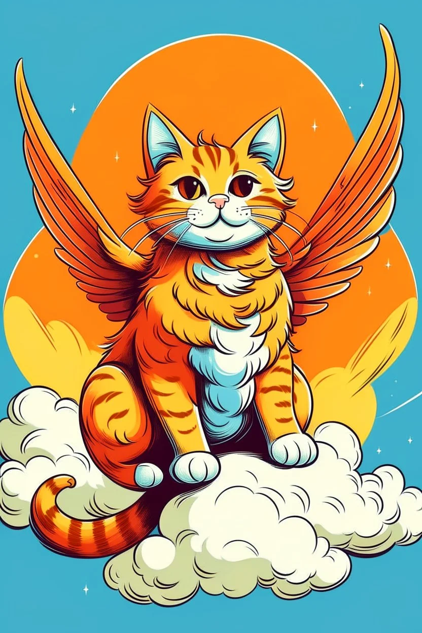 orange cat with stripes in heaven with wings and a marvel art style