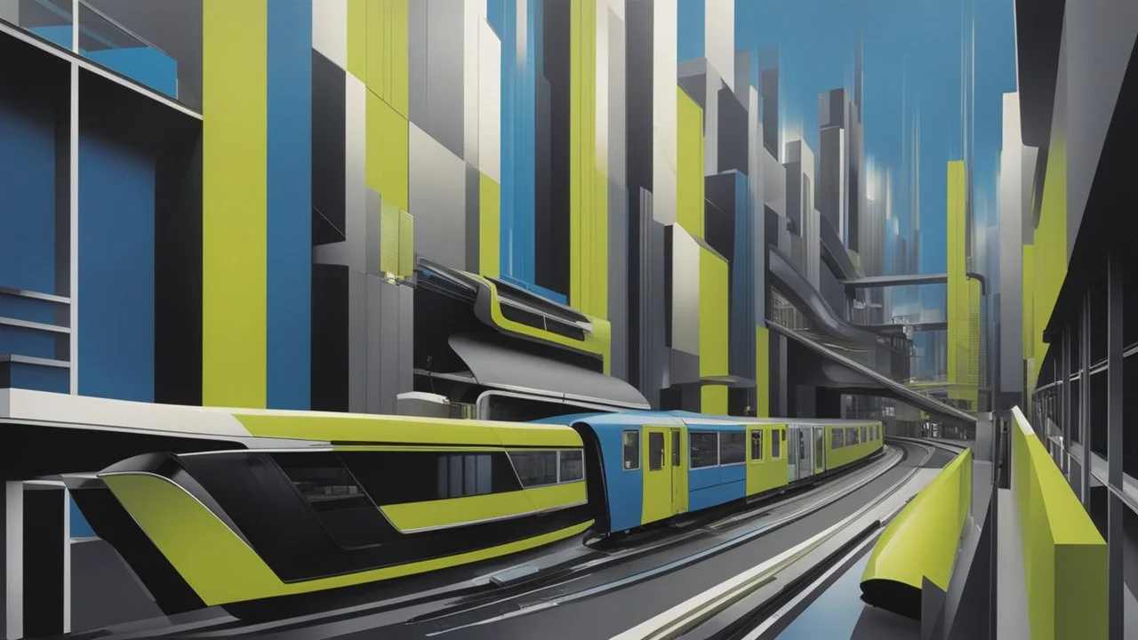 retro futurism style hustle and bustle, loop kick, (deconstruct:43), urban canyon, centered, great verticals, great parallels, hard edge, colors of metallic chartreuse and metallic steel blue