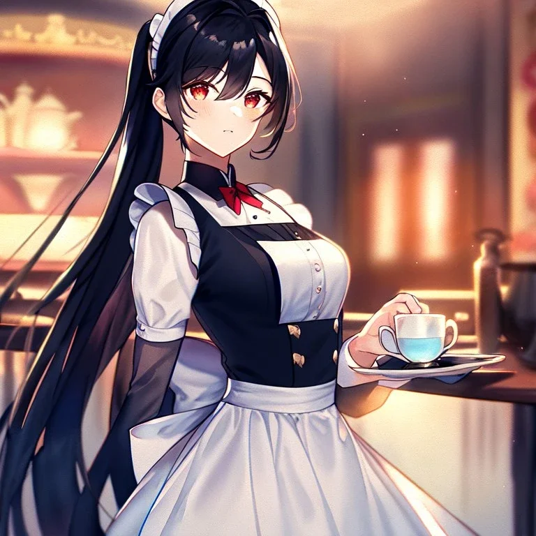 girl, masterpiece, best quality, cinematic lighting, detailed outfit, perfect eyes, black hair, red eyes, long hair, ponytail, in modern world, cafe setting, maid inspired outfit, vibrant colors, warm lighting, soft focus, watercolor textures,