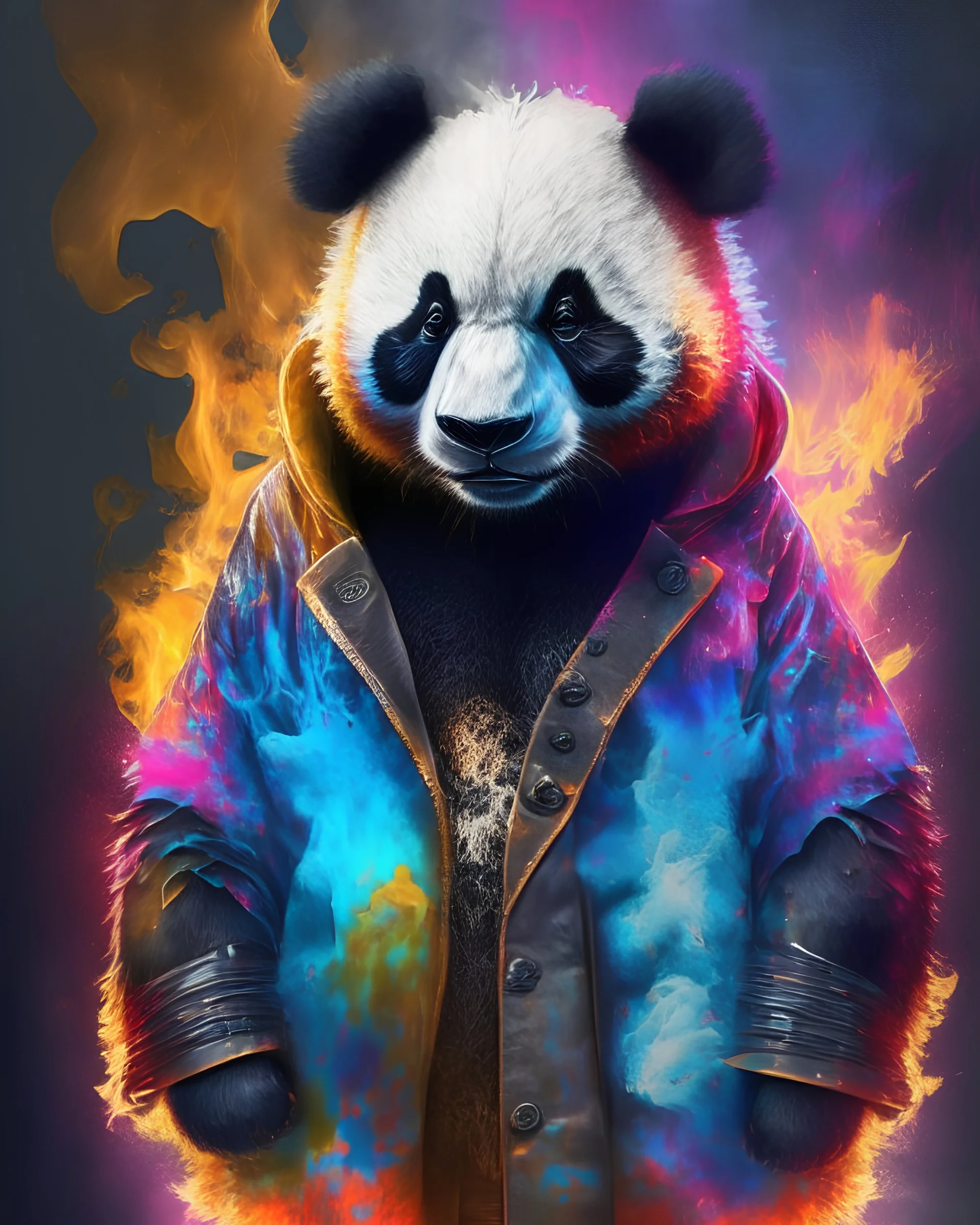 Panda grizzle hybrid colors clothes with lollipopd dark fire art ,Hyperrealistic stunning Master piece