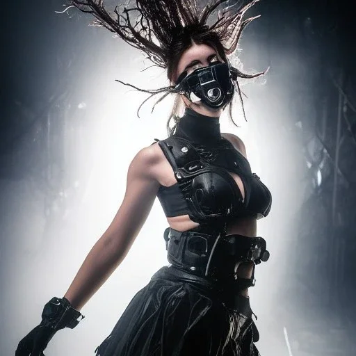 portrait of beautiful woman wearing ultra cyberpunk dystopian fashion, breathing mask, leather, tattered skirt, tubes and wires, stunning, mist and fog, 8k, high-quality, ultra-fine detail, Brian Froud, Howard Lyon, Anna Dittman, Anne Stokes, Selina French, Greg Rutowski