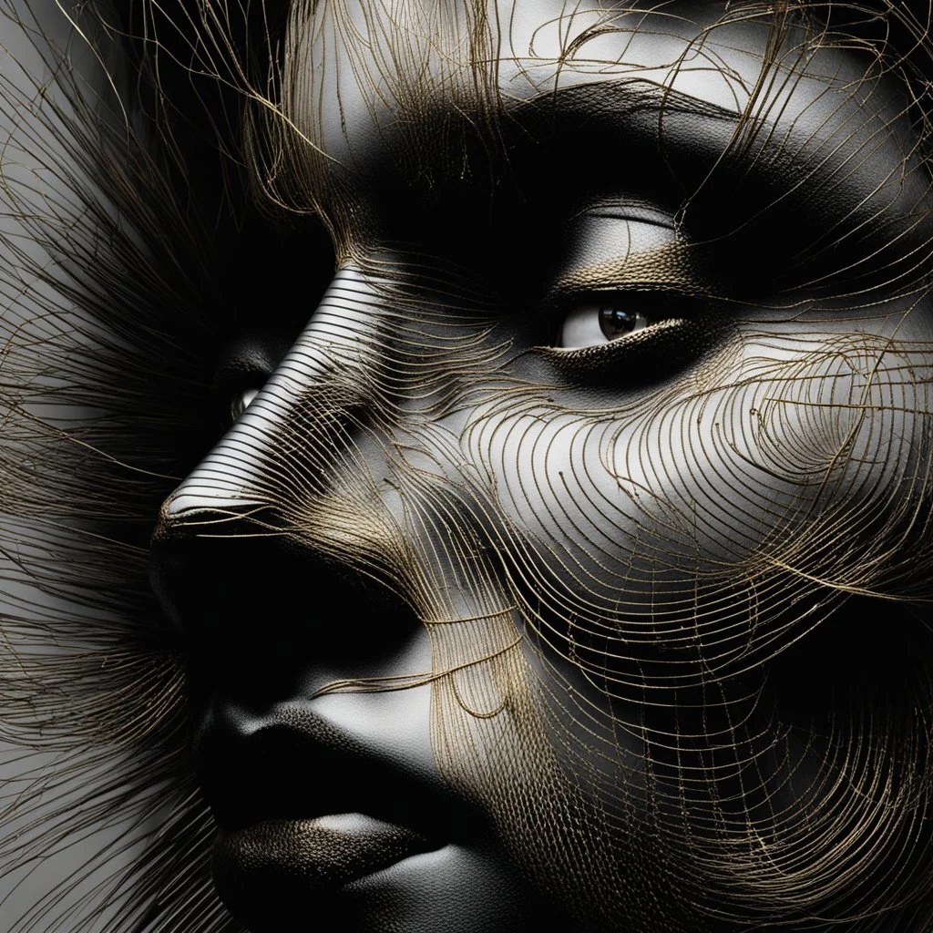 Woman face made of golden metal wires