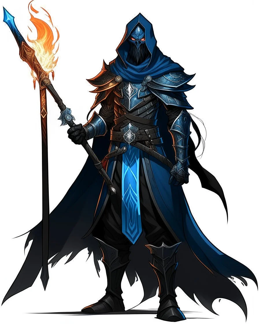 A commander with a matte black combat helmet and eyes with bright blue flaming pupils, a black cape and a long coat with long combat boots and a long, sharp and fiery spear and with his helmet under his cape and two blue flames instead of eyes