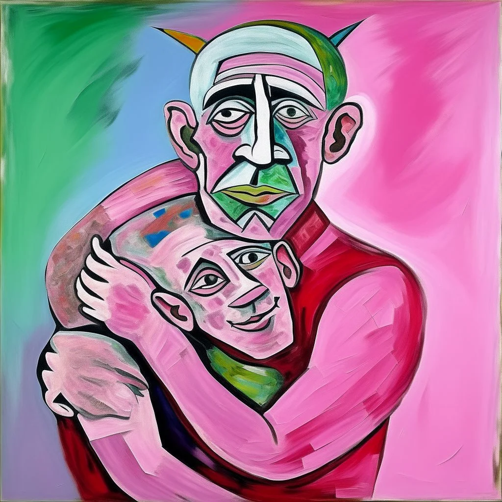 picasso man met kind op rug roze realistisch geschilderd