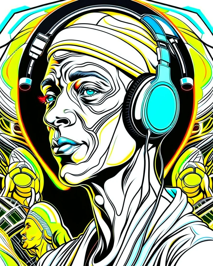 Illustrative sketch of Pharaoh Akhenaten in music with headphones, ultra quality, hyper detailed, graffiti, concept art, maximalism, 8k