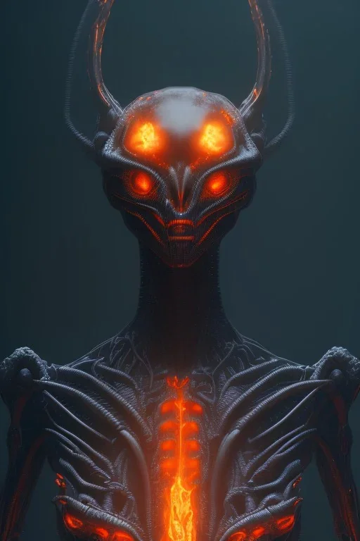 alien in the hell, Fire theme art, Dark moody night atmosphere, , 8K, close-up face, anatomically perfect face