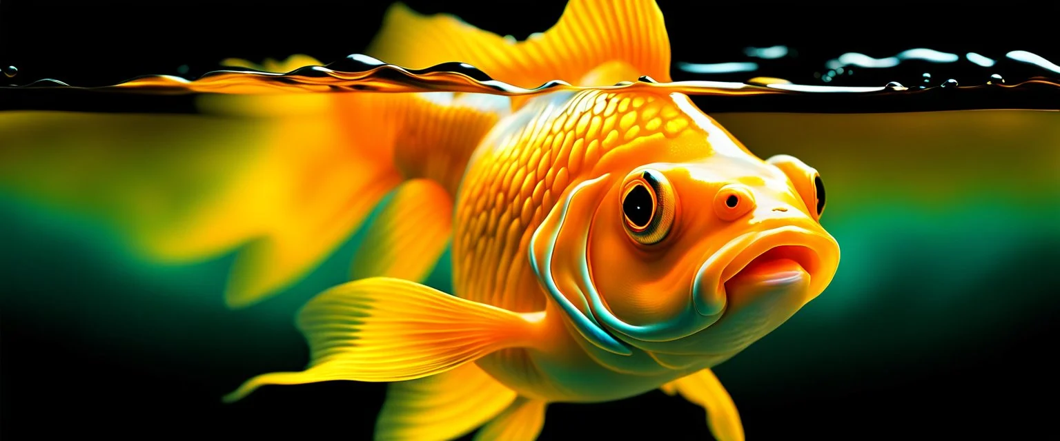 ultra high image quality, Close-up of a goldfish resembling liquid gold, fins rippling like molten metal, set against AMOLED-worthy pure black backdrop, fantasy art style infused with a golden filter, tailored for vertical wallpaper, exclusive design with no duplicates, radiating beauty suitable for a PC screen image, vivid colors, ultra fine, digital painting.