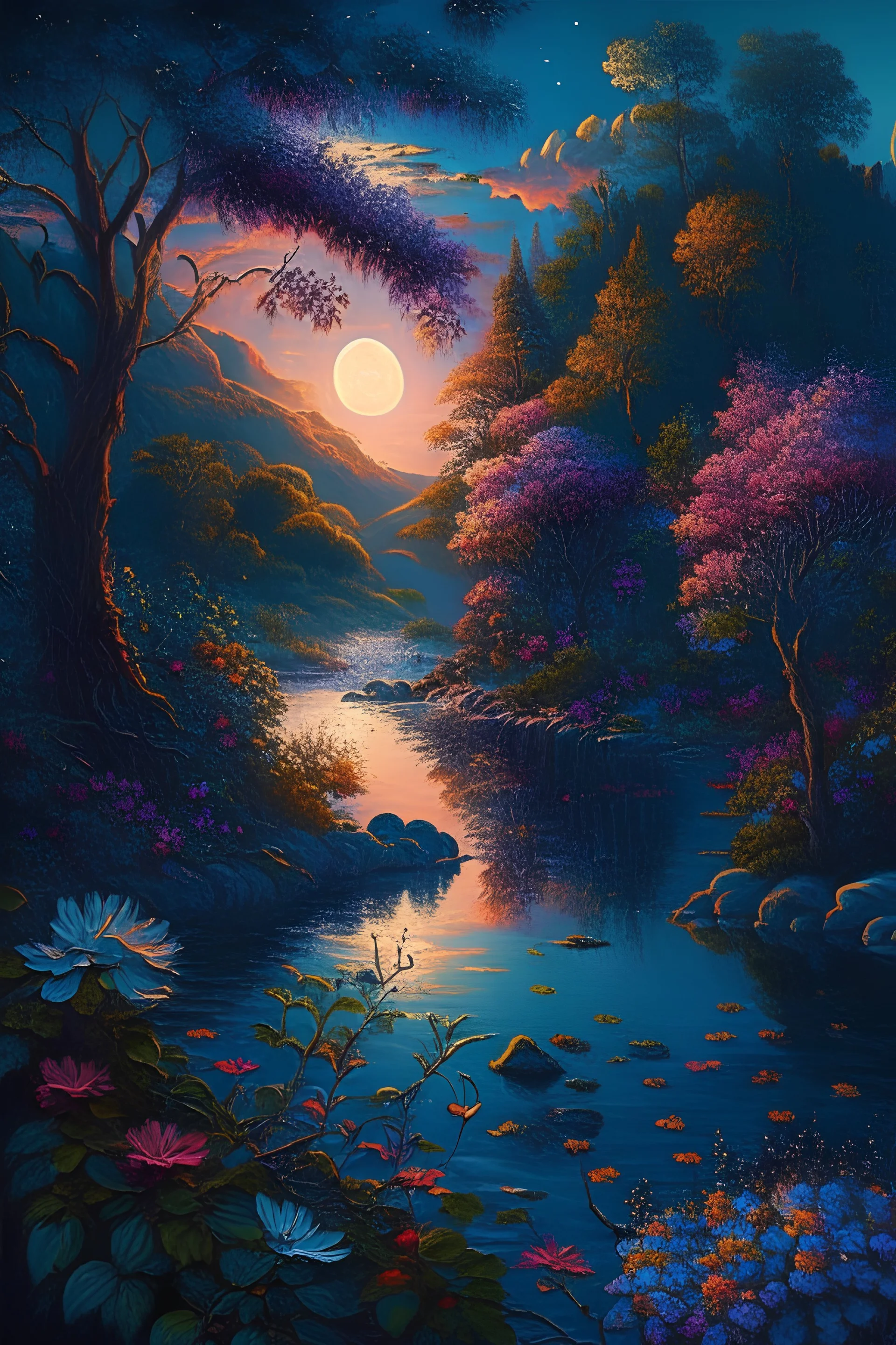 full light,highlight, trees, river, day, sun day, an idyliic forest with bright colorful flowers, mountains, sun,flower, a small river, paradise, heavenly atmosphere in the moonlit night, detailed painting, deep color, fantastucal, intricate details