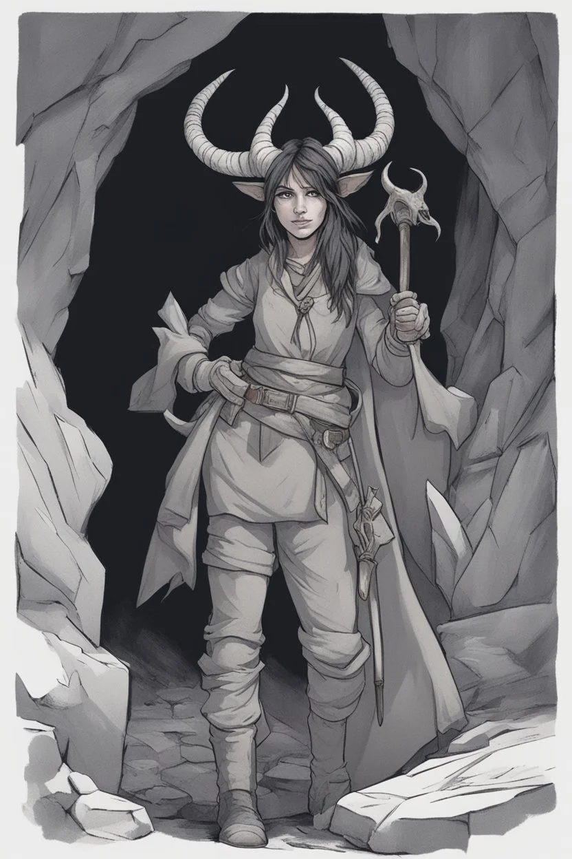 Dnd character with a tail and horns in a dark cave. A female Tiefling archeologist with a hat, in adeventurer's clothes.