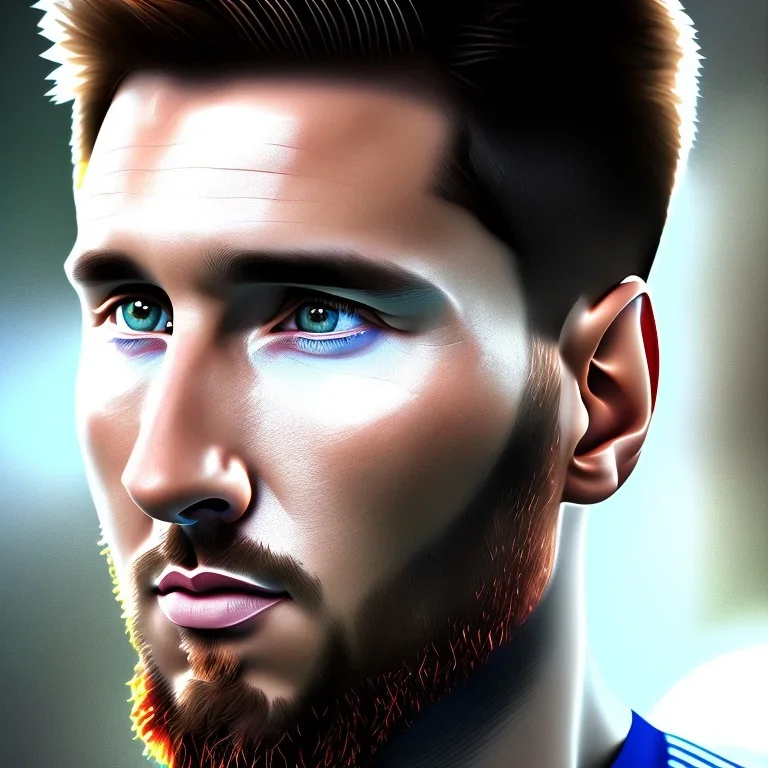 full portrai of perfect face lionel messi ciborg,perfect angle, high detail, volumetric lighting, tiny features, intricate detail,volumetric clouds