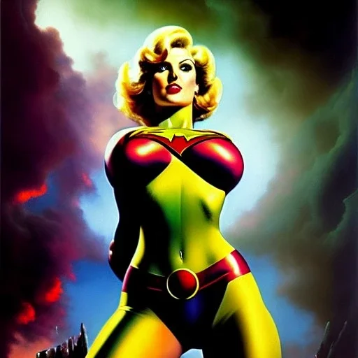 portrait oil on canvas, beautiful busty PowerGirl, green big eyes, ,minimal armor,comic book cover, mystical colors,insanely detailed,realistic,intrincate detail, 16k resolution, masterpiece,Frank Frazetta,Alex Horley, Simon Bisley