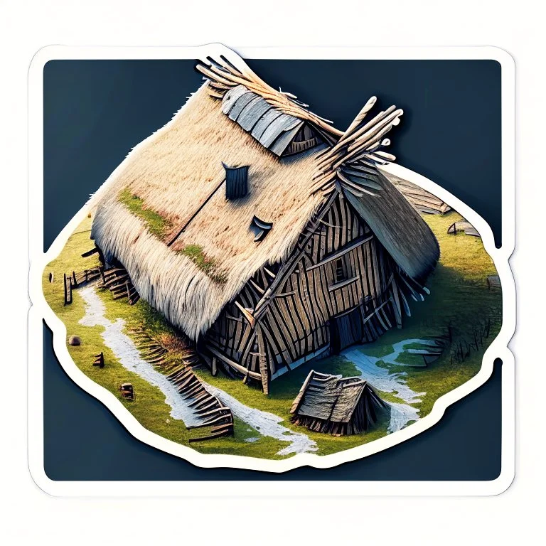 aerial view digital artwork of a Scandinavian longhouse as a sticker