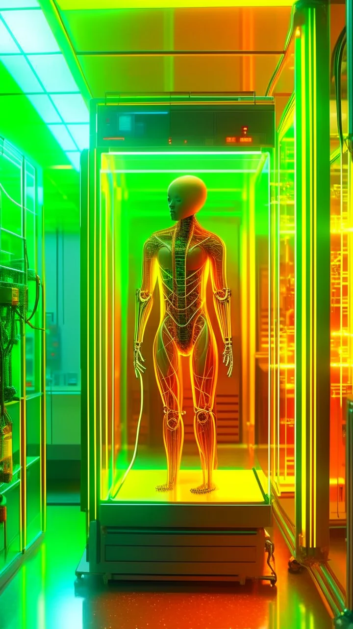 Sleeper in tube cabinet made of glass filled to the top with honey coloured liquid , in a laboratory inside it a half alien and a half human creature body standing vertically inside , connected with wires and electrical wires , the human standing in side, a high tech equipment in the background ,4K, cinematic, high resolution