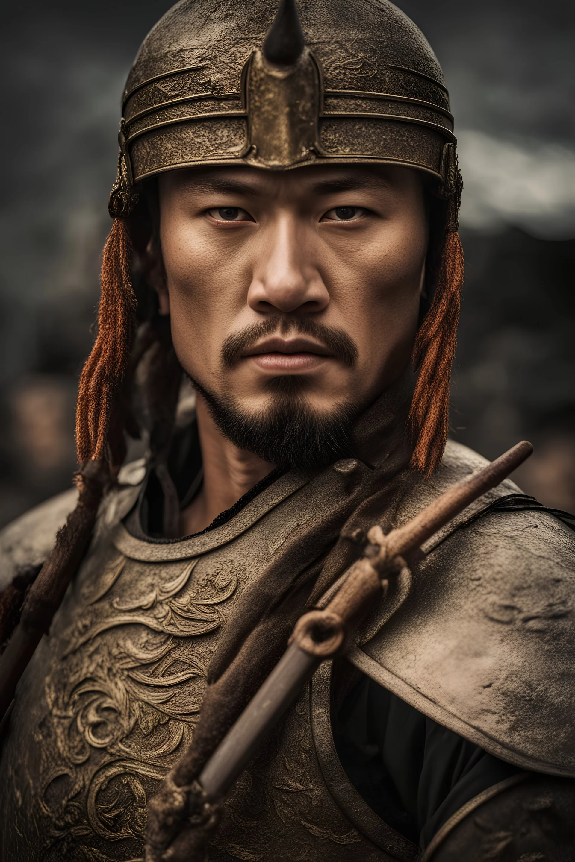 Close-up of a warrior the 1200s and a Mongol warriors portrait , strong athletic build cinematographic photo