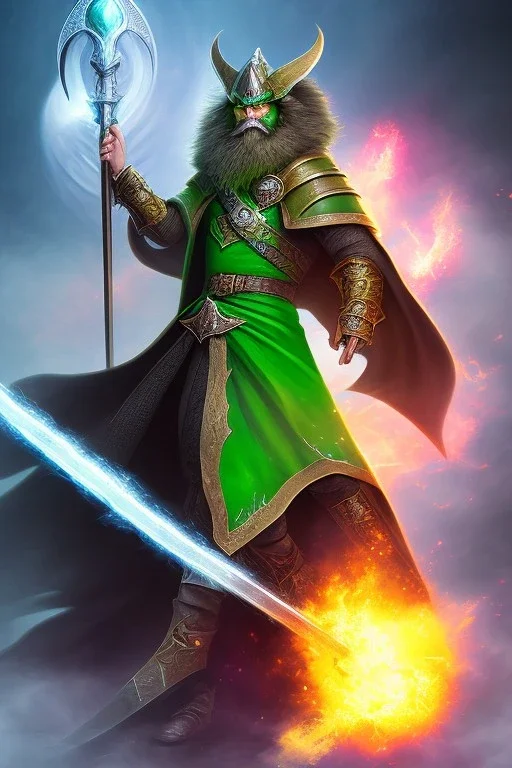 Powerful wizard using green magic, wearing dark cloak, fighting big stone monster