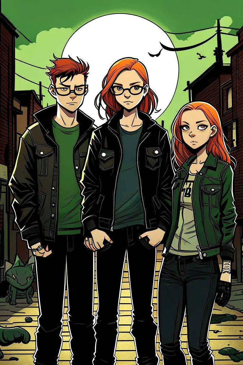 Two teenage brothers with ginger hair, green eyes, and pale faces. Between them, in the centre, a teenage punk girl in dark clothes, heavy boots, leather jacket. The black cat next to the girl, small town, mysterious mood, graphic style, Margot Robbie style, night with light glares.