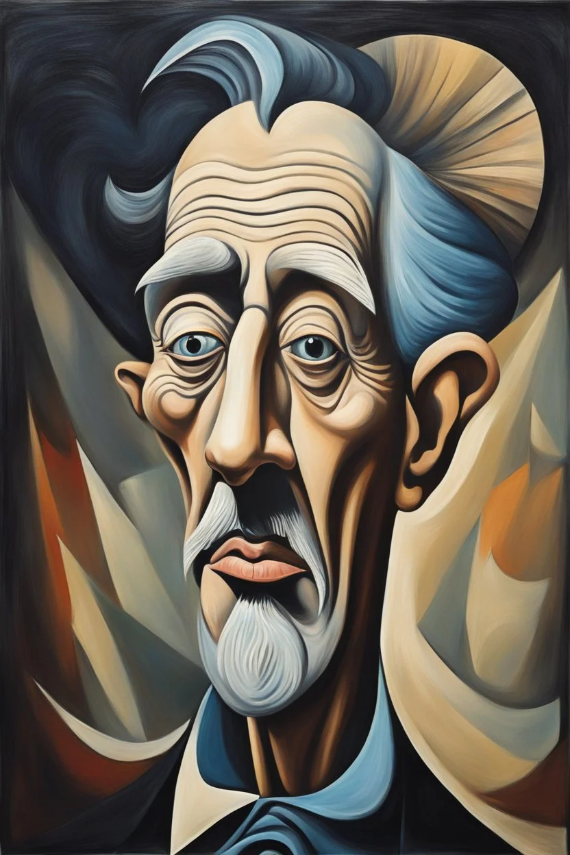 A hauntingly bizarre caricature portrait of a man, in the style of a surreal painting by Picasso