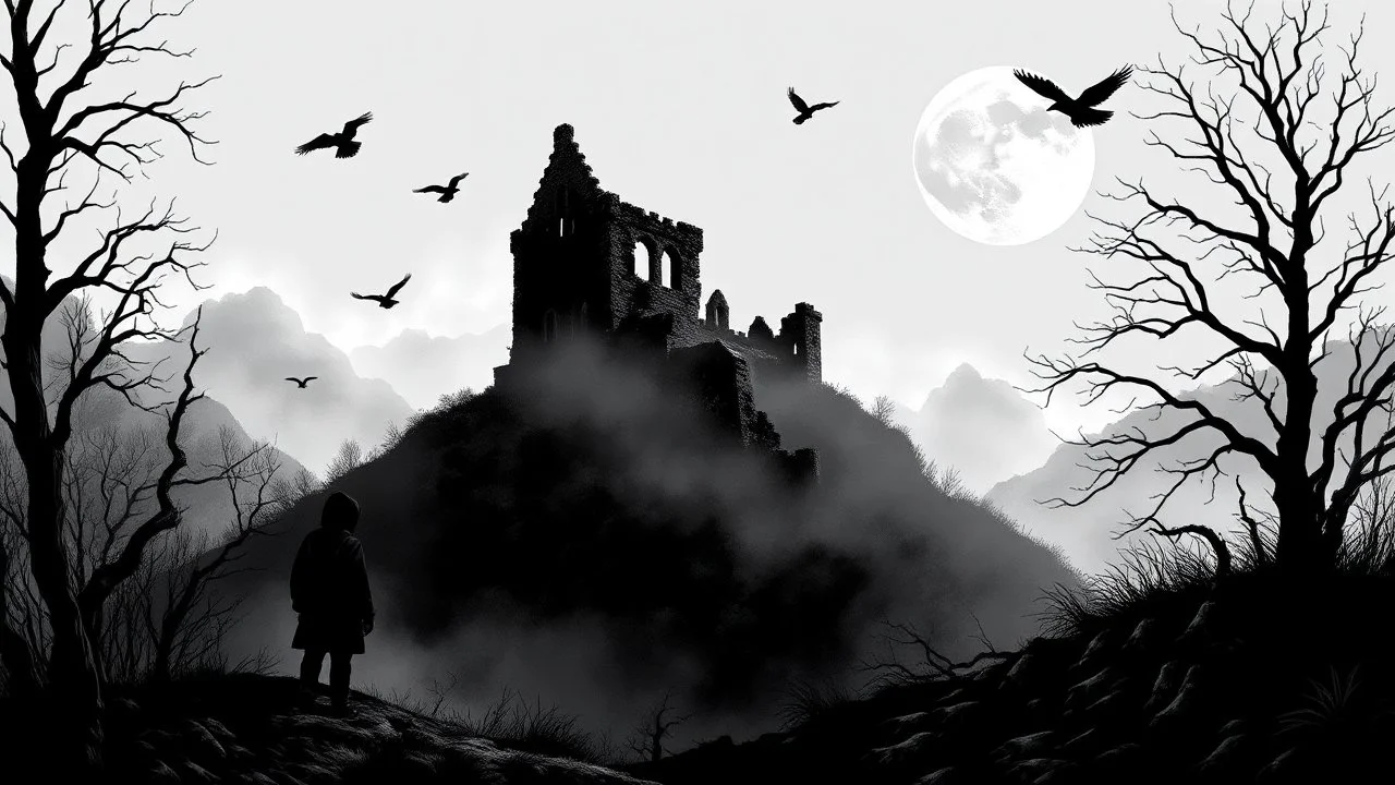 detailed graphic art, ruined gothic castle standing on a hill on the right side of the composition, full moon in the night sky, a few raven silhouettes flying near the moon, thick mist surrounding the hill, dark forest on the left side with twisted bare trees, a solitary black hooded figure standing at the forest edge looking toward the castle, mysterious atmosphere, ancient forgotten ruins, dark fantasy aesthetic, detailed linework, dramatic composition,