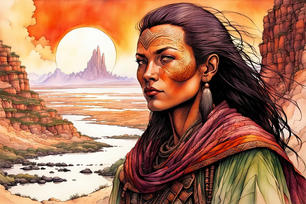 create an ink wash and watercolor portrait of a fair skinned female nomadic tribal mercenary with highly detailed, delicate feminine facial features, inhabiting an ethereal tropical canyon land in the comic book style of Jean Giraud Moebius, David Hoskins, and Enki Bilal, precisely drawn, boldly inked, with vibrant colors