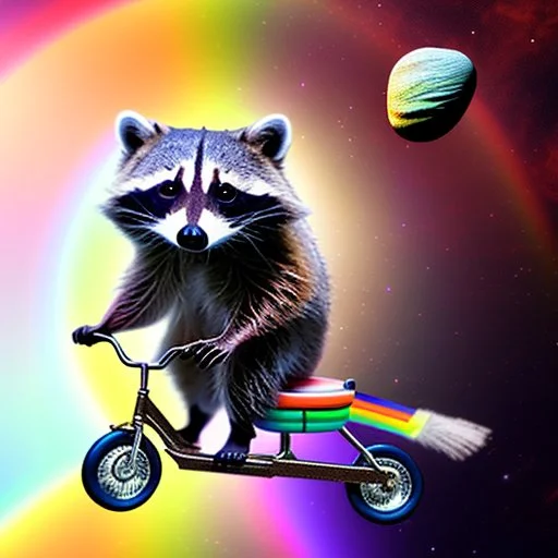 A raccoon astronaut riding a rainbow bike on a mission to gather space trash, jumping over asteroids as he goes.