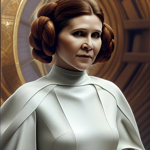 extremely detailed 8k hyperspace wallpaper,complete and photo realistic detailed head to waist stunning photo realistic portrait of carrie fisher as Princess Leia in star wars with Symmetrical, soft, fine, warm, photo realistic hair, brown eyes, professional majestic photo realistic painting by Ed Blinkey, Atey Ghailan, by Jeremy Mann, Greg Manchess, Antonio Moro, trending on ArtStation, Intricate, High Detail, Sharp focus, dramatic, by greg rutkowski,