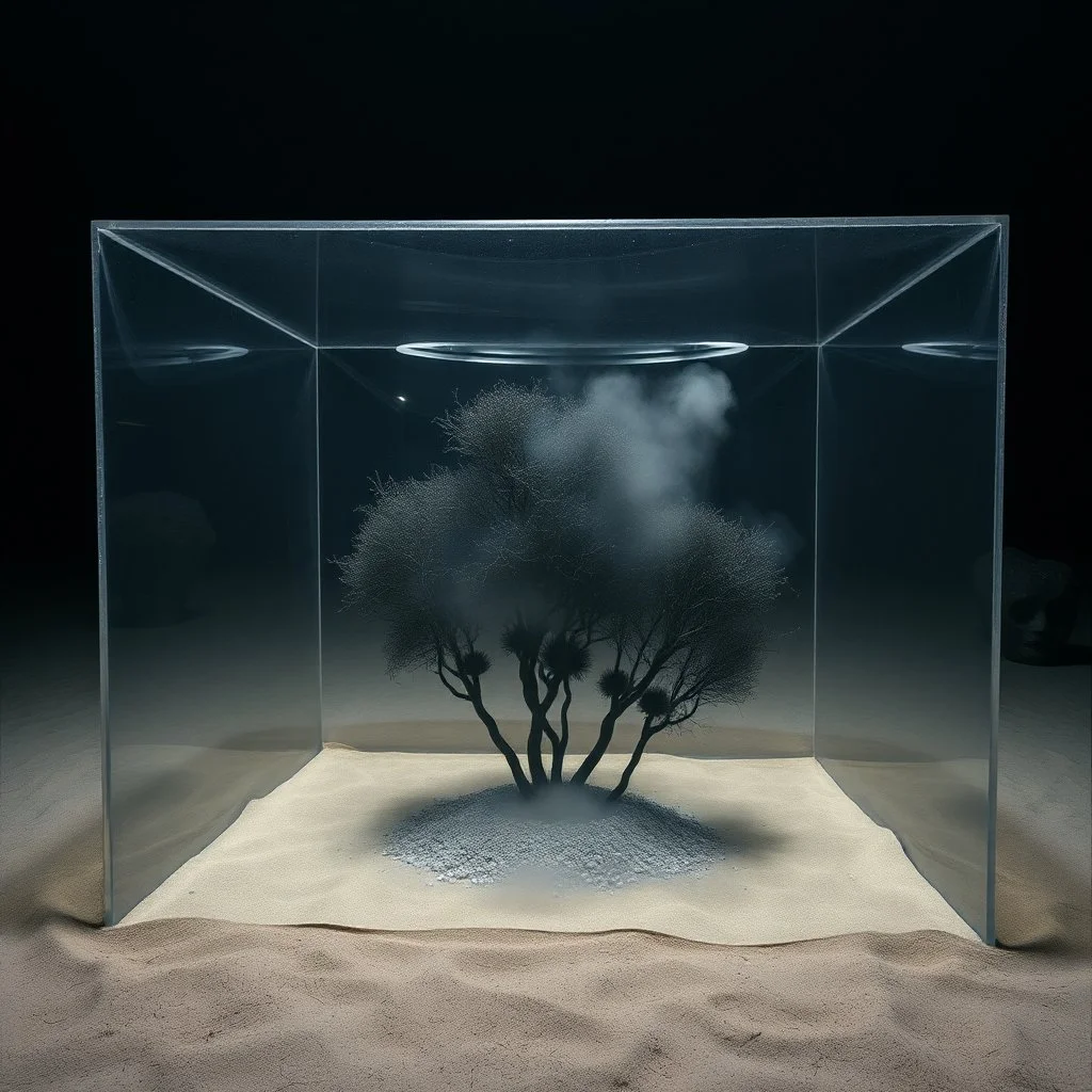 A photo of a dark, closed environment in a dark open space. Splop, splimapys, orero dream. At the center, a transparent plastic made of plexiglass encloses a misty sfluv. There are dark trees. The surface below appears to be sandy, with small accumulations of sand. In the background, other forms or structures are visible, some of which are dark and organic in appearance. The image has a glossy finish and was shot with a Hasselblad H6D-400c.