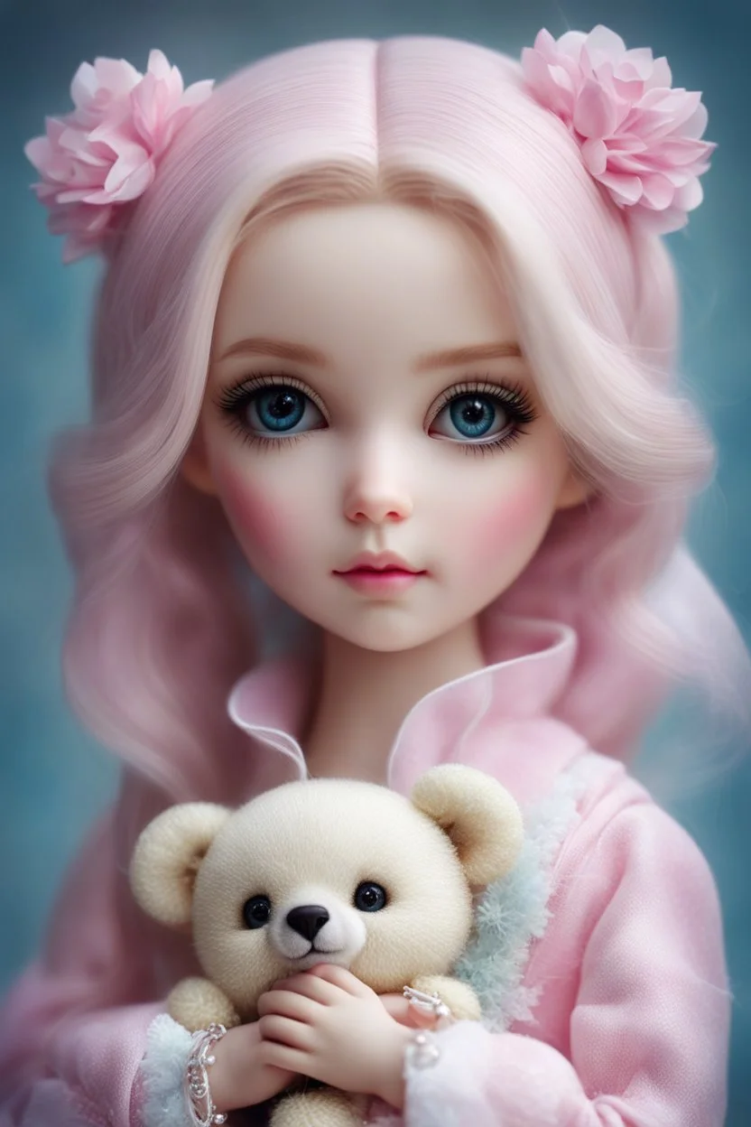 a close up of a doll holding a teddy bear, artdoll, realistic cute girl painting, anime barbie doll, carlos ortega elizalde, doll, kawaii realistic portrait, portrait of barbie doll, young girl, cute pocelain doll, by nicoletta ceccoli, barbie doll, beauty girl, beautiful and realistic face, beautiful fantasy art portrait, cute young girl