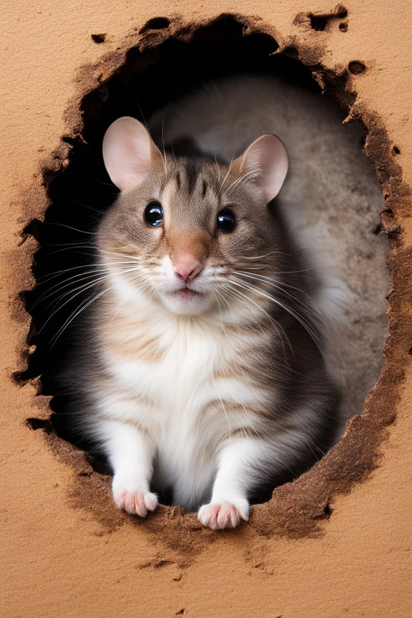 a mouse inside a hole is feared by a giant cat waiting outside