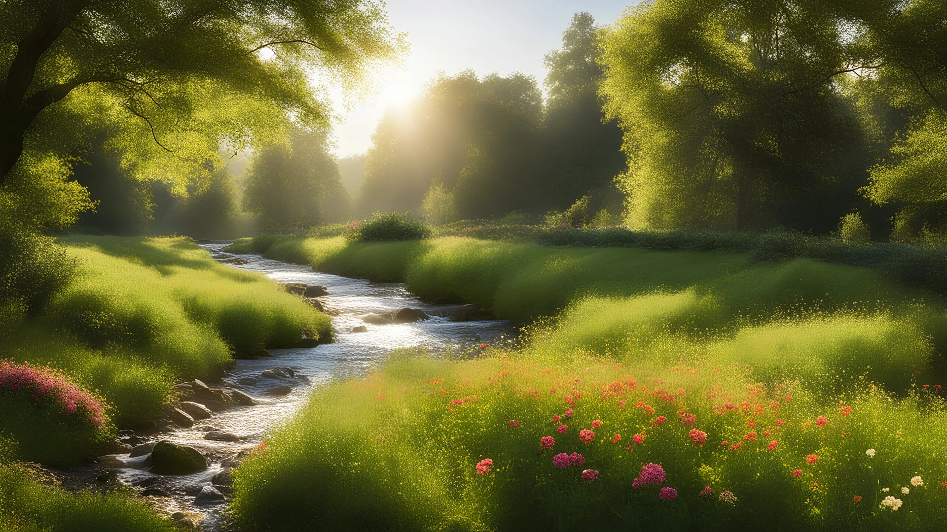 Beautiful realistic rural landscape, warm sunshine, lush plant growth, flowers, human habitation, brook, peaceful, delightful, idyll, award-winning photograph, detail, beautiful composition, attractive colour, chiaroscuro, rule of thirds