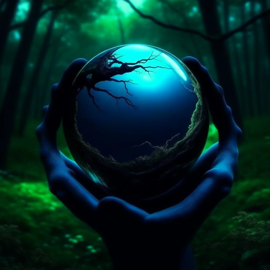 promise the world, dark green and blue colors, no hands, fantasy atmosphere, photo quality