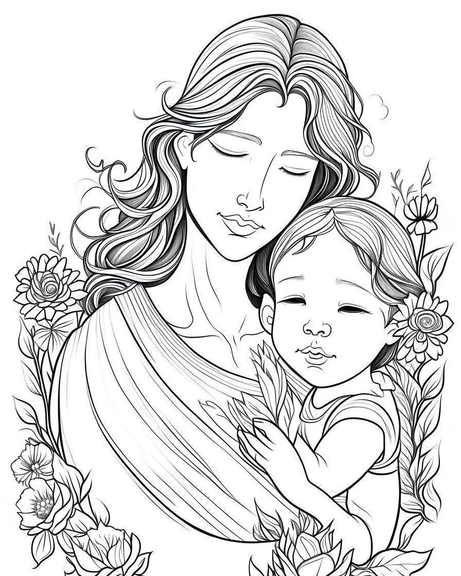 real mother coloring pages, no black color, no no flower, b/w outline art for kids coloring book page, Kids coloring pages, full white, kids style, white background, whole body, Sketch style, full body (((((white background))))), only use the outline., cartoon style, line art, coloring book, clean line art, white background, Sketch style
