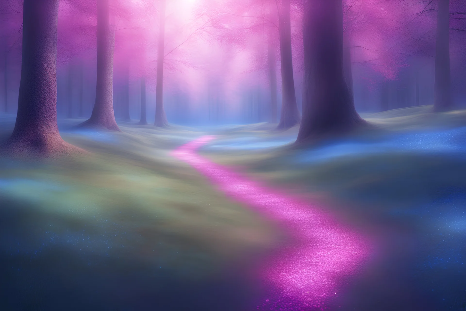 magic brightness tringle of light and bluebeam in a magic blue and pink lawn in a fairy forest, with lightness sky, realistic landscape