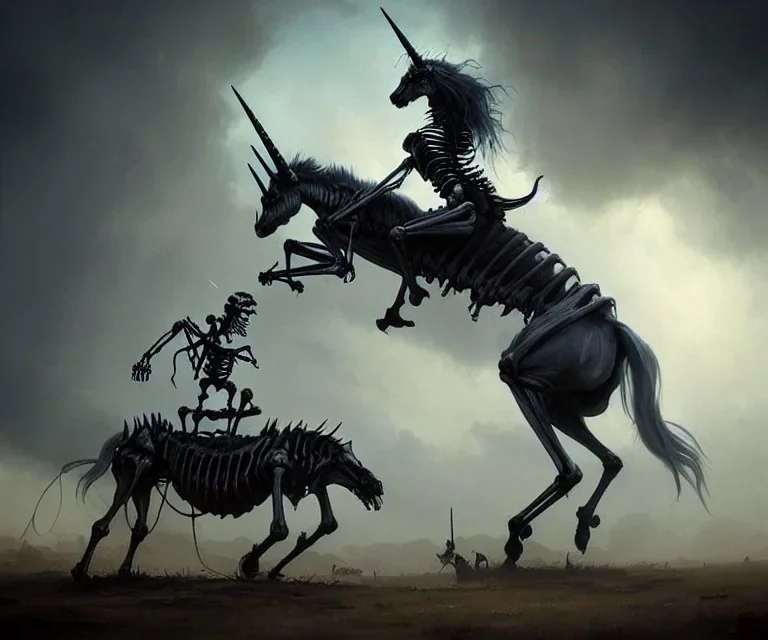 Epic photo of A unicorn being ridden by a skeleton, by greg rutkowski,