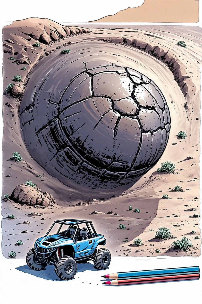 High-altitude lunar reconnaissance satellite image of a young impact crater with larger regolith along right ride. A massive damaged metallic alien sphere with fracture lines like an egg. organic growth across regolith and up crater walls. Along the lower frame edge a small modern barebones lunar atv sits near the rim with visible wheel tracks. comic page pencils