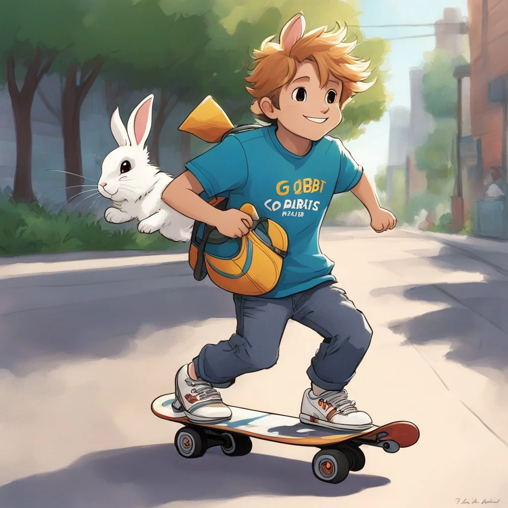 a boy on a skateboard, his pet rabbit cradled in his arms. The rabbit, a skate champion in its own right, wears a mini t-shirt that proudly proclaims, "Go Rabbit Go." The boy and his furry friend cruise down the sidewalk, the wind ruffling their hair and fur, a dynamic duo ready for adventure.