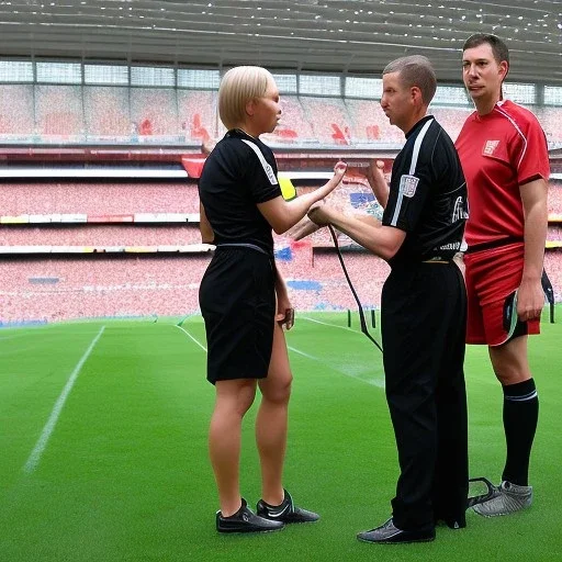 Sue Bird in a referee jersey officiating for a soccer match at Wembley Stadium