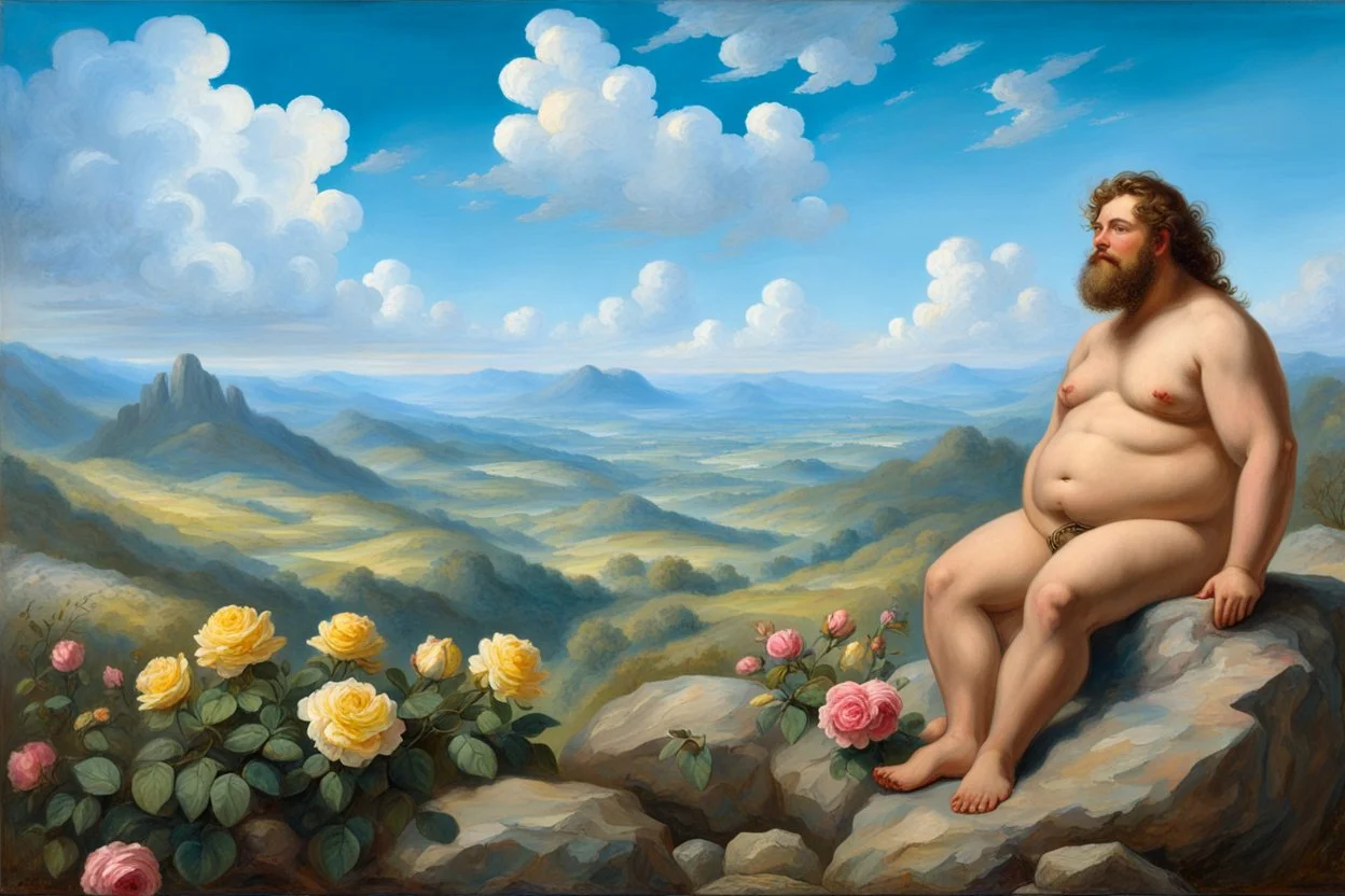 a handsome, fat man with a well-groomed, bearded face and long, curly hair. He is sitting naked on a rock, surrounded by a picturesque valley adorned with pink and yellow rose flowers. The spring sky above is adorned with breathtakingly beautiful clouds. like oil paintings 19th century