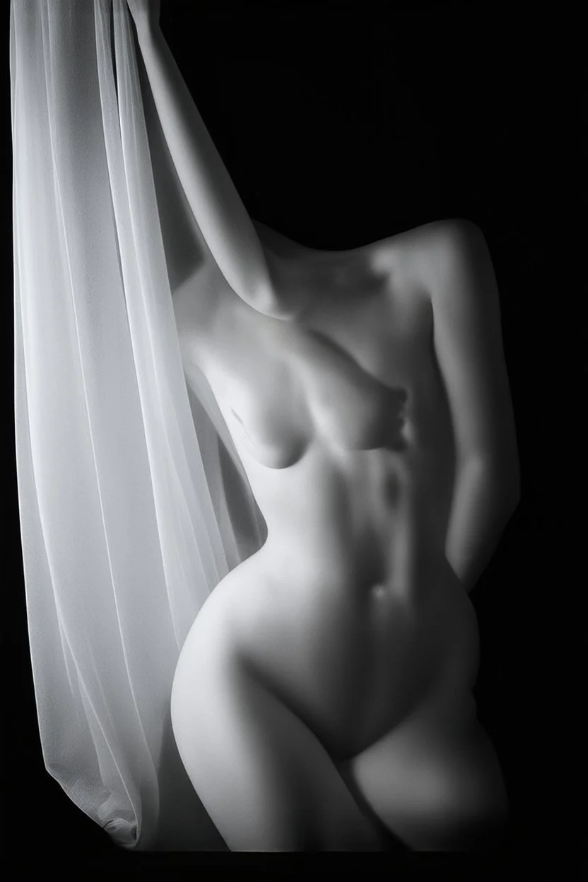 Artistic photograph, female form obscured by a translucent, draping fabric. Fabric contours tightly to the body, highlighting the shape like Renaissance sculpture, interplay of light and shadow, light source comes from above and to the side, stark contrasts, natural lines and curves emerge with a sculptural quality, analog film photo, faded film, desaturated