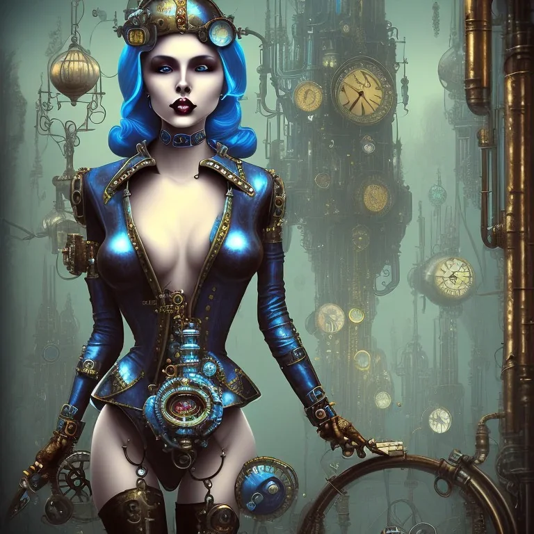 un robot steam punk gothic femme bleu fond cité perdue