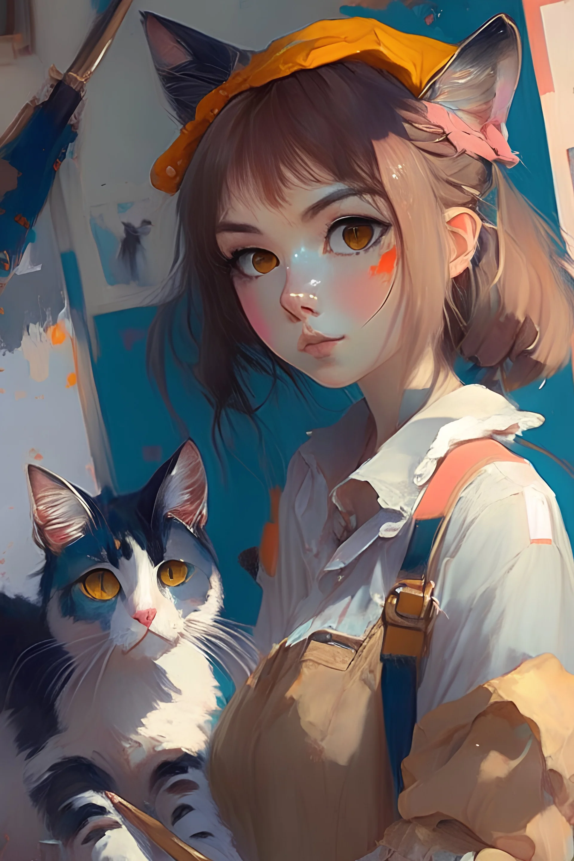 painter girl, cat, anime